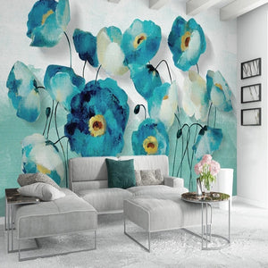 Watercolor Blue Poppies Wallpaper Mural, Custom Sizes Available