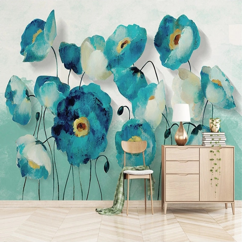 Watercolor Blue Anemones Wallpaper Mural, Custom Sizes Available Wall Murals Maughon's Waterproof Canvas 