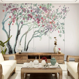 Mural de papel pintado con árboles florecientes pintados a mano con acuarelas, personalizado/tamaños disponibles