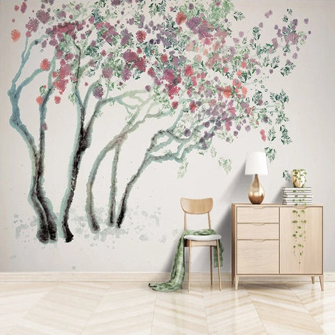 Image of Watercolor Hand-Painted Blooming Trees Wallpaper Mural, Custom /sizes Available Wall Murals Maughon's Waterproof Canvas 