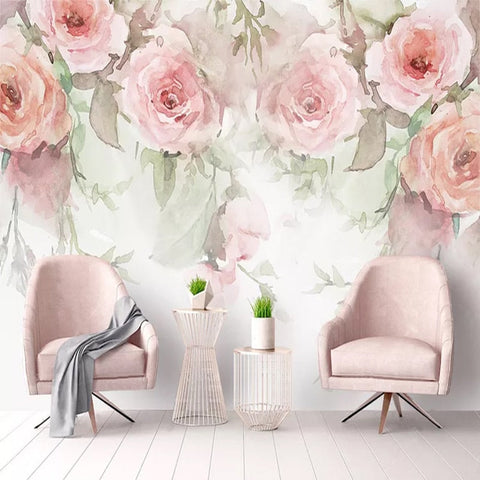 Image of Watercolor Pink Roses Wallpaper Mural, Custom Sizes Available Maughon's 