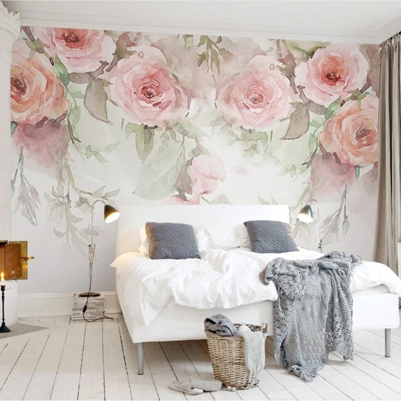 Watercolor Pink Roses Wallpaper Mural, Custom Sizes Available Maughon's 