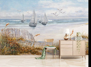 Watercolor Sail Boats and Sand Dunes Wallpaper Mural, Custom Sizes Available