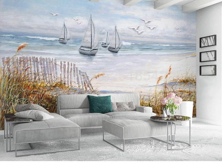 Watercolor Sail Boats and Sand Dunes Wallpaper Mural, Custom Sizes Available Wall Murals Maughon's 