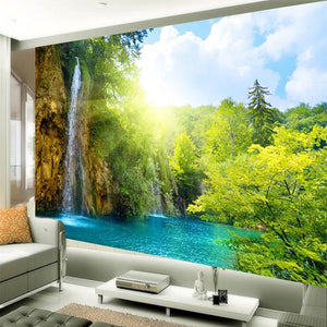 Waterfall and Serene Lake Wallpaper Mural, Custom Sizes Available