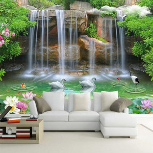 Waterfall, Swan Wallpaper Mural, Custom Sizes Available