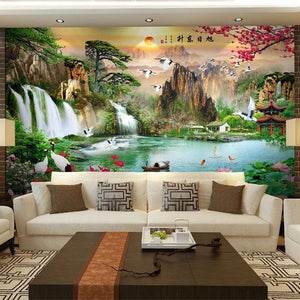 Inspiring Idyllic Chinese Waterfalls and Mountains Wallpaper Mural, Custom Sizes Available