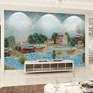 Waterside Village Painting Wallpaper Mural, Custom Sizes Available