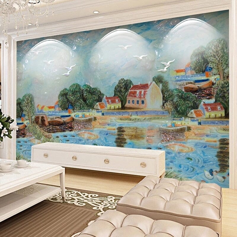 Waterside Village Painting Wallpaper Mural, Custom Sizes Available Wall Murals Maughon's 