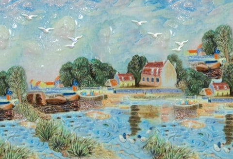 Image of Waterside Village Painting Wallpaper Mural, Custom Sizes Available Wall Murals Maughon's Waterproof Canvas 