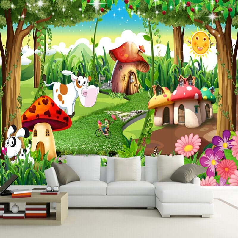 Whimsical Mushroom Village Wallpaper Mural, Custom Sizes Available Wall Murals Maughon's Waterproof Canvas 