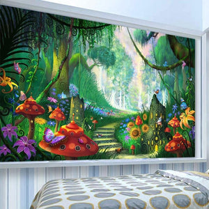 Whimsical Rainforest with Mushrooms Wallpaper Mural, Custom Sizes Available