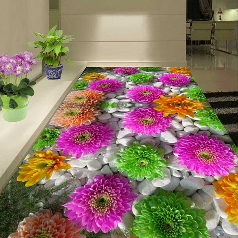 White Cobblestone With Colorful Flowers Floor Mural, Custom Sizes Available Floor Murals Maughon's 