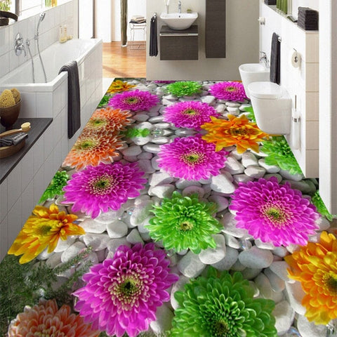 Image of White Cobblestone With Colorful Flowers Floor Mural, Custom Sizes Available Floor Murals Maughon's 