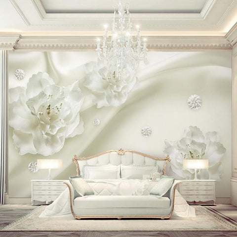 Image of White Flowers Silk Wallpaper Mural, Custom Sizes Available Maughon's 
