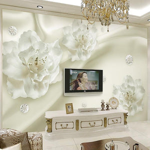 White Flowers Silk Wallpaper Mural, Custom Sizes Available