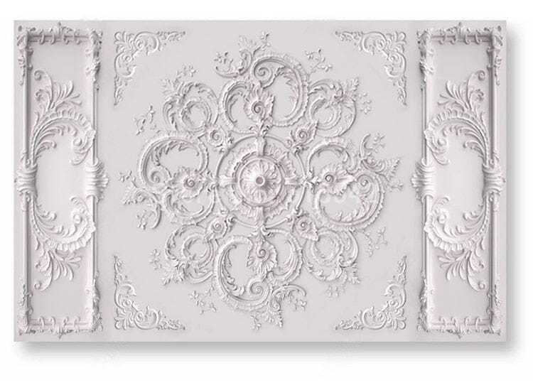 White Ornate Wall or Ceiling Relief Medallion Wallpaper Mural, Custom Sizes Available Wall Murals Maughon's 