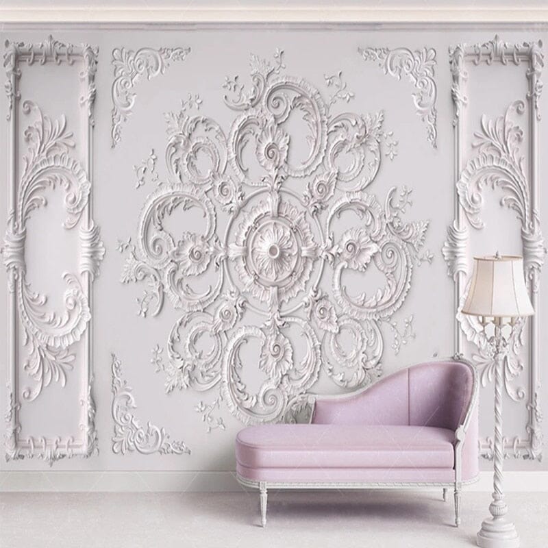 White Ornate Wall or Ceiling Relief Medallion Wallpaper Mural, Custom Sizes Available Wall Murals Maughon's Waterproof Canvas 