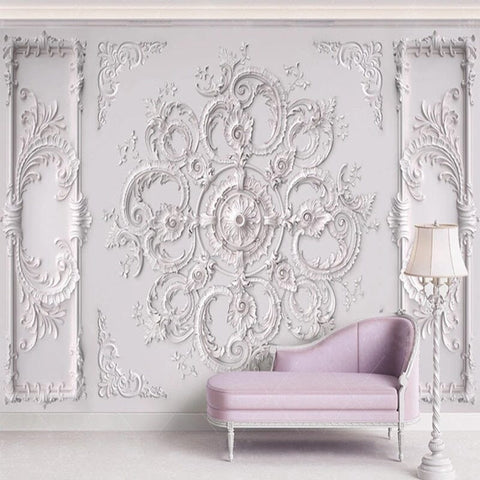 Image of White Ornate Wall or Ceiling Relief Medallion Wallpaper Mural, Custom Sizes Available Wall Murals Maughon's Waterproof Canvas 