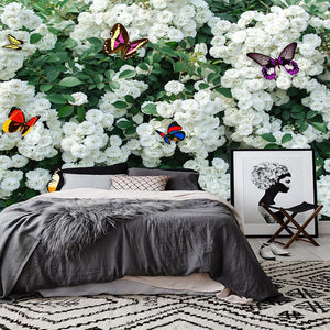 White Roses and Butterflies Wallpaper Mural, Custom Sizes Available