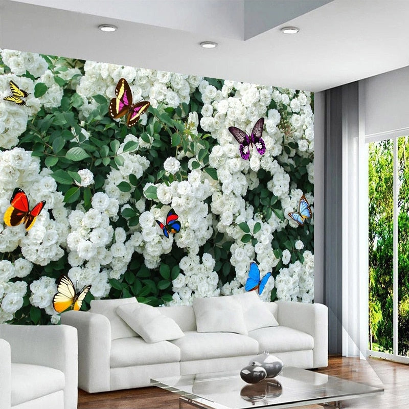 White Roses and Butterflies Wallpaper Mural, Custom Sizes Available Wall Murals Maughon's 