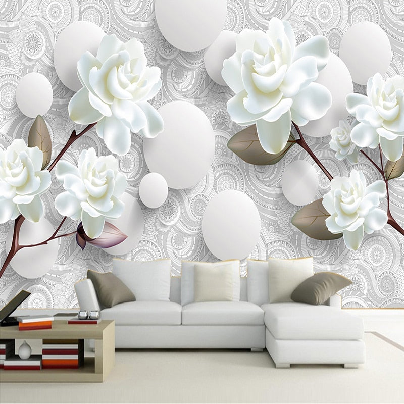 White Roses and Spheres Decorative Wallpaper Mural, Custom Sizes Available Maughon's 