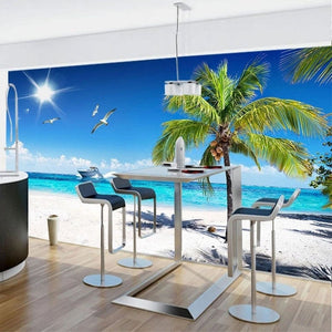 White Sandy Beach With Palm Tree and Boat Wallpaper Mural, Custom Sizes Available