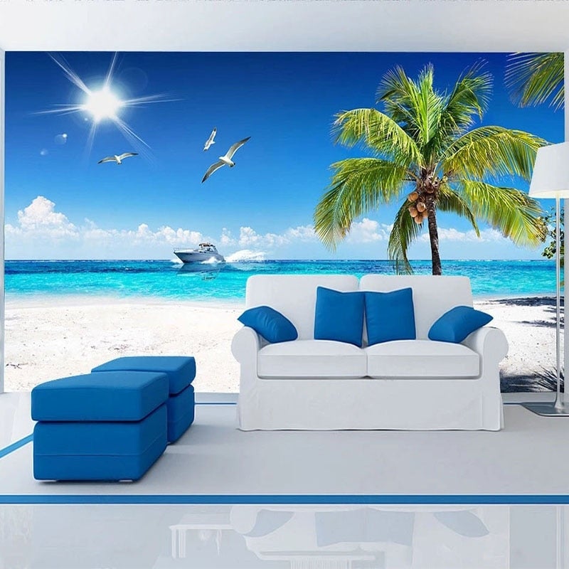 White Sandy Beach With Palm Tree and Boat Wallpaper Mural, Custom Sizes Available Wall Murals Maughon's 