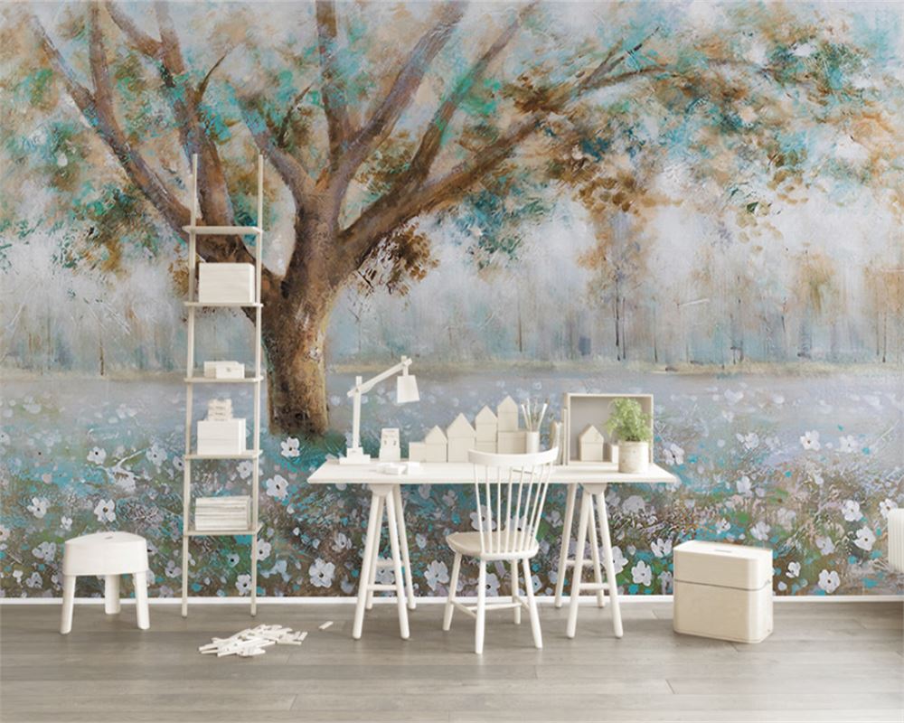 White Wildflowers And Tree Wallpaper Mural, Custom Sizes Available Wall Murals Maughon's 