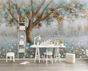 White Wildflowers And Tree Wallpaper Mural, Custom Sizes Available