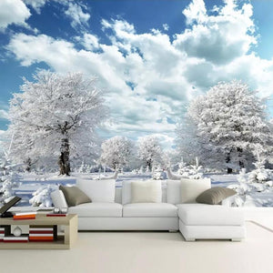 Winter Scene With White Clouds and Blue Sky Wallpaper Mural, Custom Sizes Available