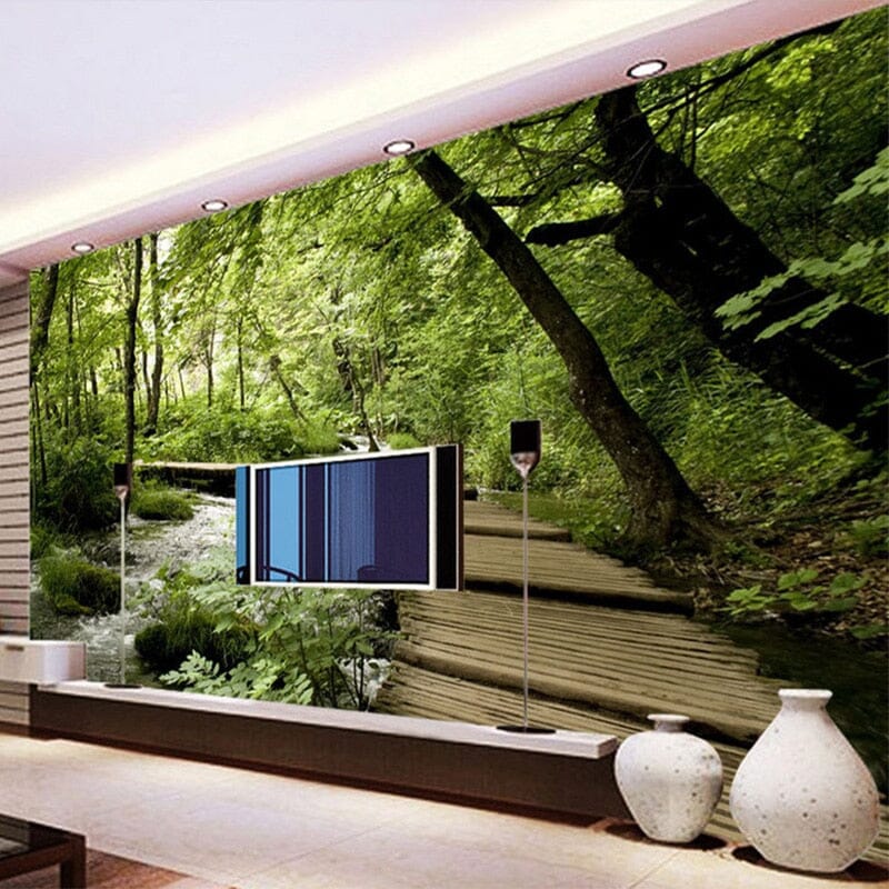 Wooden Bridge Over Forest Stream Wallpaper Mural, Custom Sizes Available Wall Murals Maughon's 