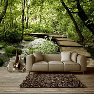Wooden Bridge Over Forest Stream Wallpaper Mural, Custom Sizes Available Wall Murals Maughon's Waterproof Canvas 