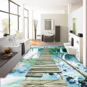 Old Wooden Bridge Over Waterfall Self Adhesive Floor Mural, Custom Sizes Available