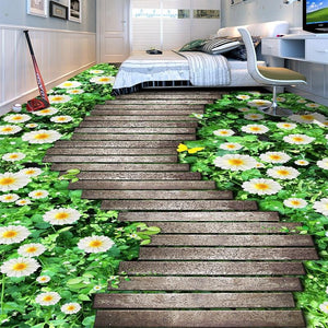 Wooden Path Bordered By Daisies Self Adhesive Floor Mural, Custom Sizes Available