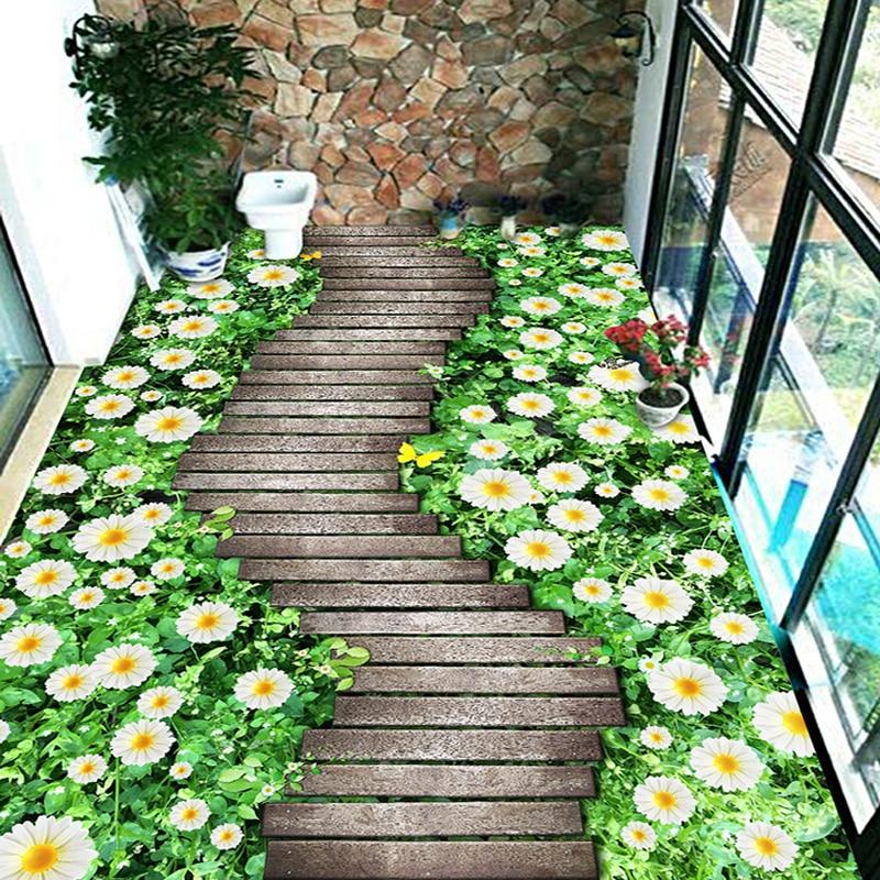 Wooden Path Bordered By Daisies Self Adhesive Floor Mural, Custom Sizes Available Maughon's 