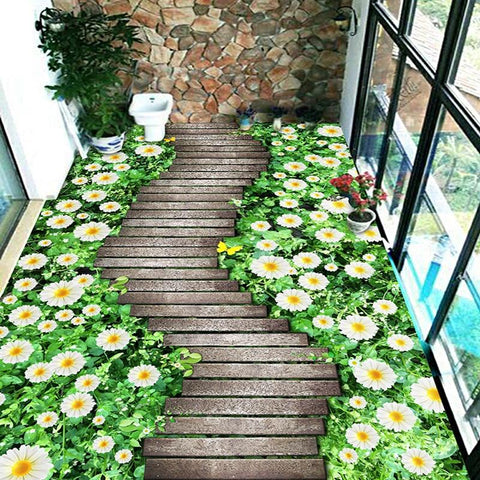 Image of Wooden Path Bordered By Daisies Self Adhesive Floor Mural, Custom Sizes Available Maughon's 