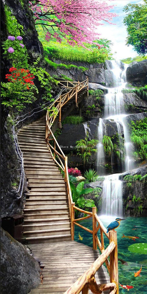 Wooden Walkway To The Top of The Falls Vertical Wallpaper Mural, Custom Sizes Available Household-Wallpaper Maughon's 