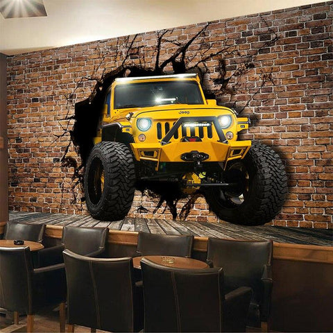Image of Yellow Jeep Breaking Through Brick Wall Wallpaper Mural, Custom Sizes Available Maughon's 