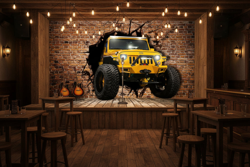 Mural Jeep amarillo atravesando la pared de ladrillos, tamaños personalizados disponibles