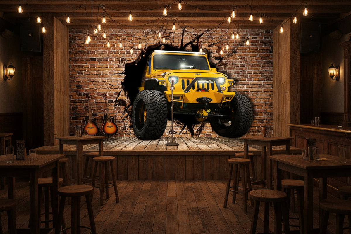 Mural Jeep amarillo atravesando la pared de ladrillos, tamaños personalizados disponibles