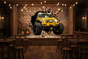 Yellow Jeep Breaking Through Brick Wall Wallpaper Mural, Custom Sizes Available