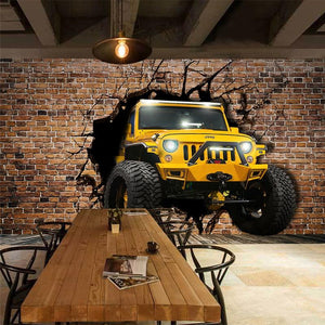 Mural Jeep amarillo atravesando la pared de ladrillos, tamaños personalizados disponibles